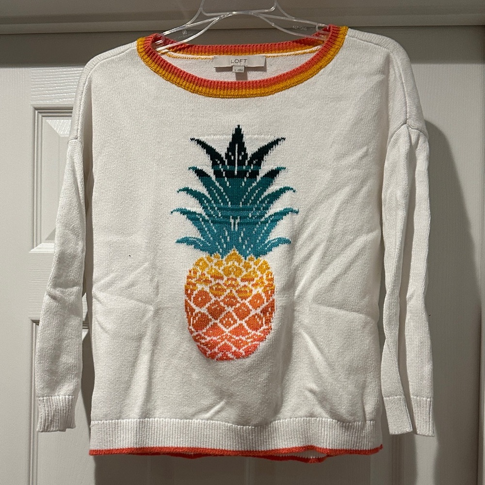 LOFT White Sweater with Colorful Pineapple Motif